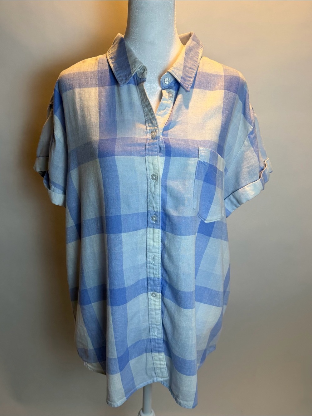 Caslon Light Blue and Cream Short Sleeve Plaid Linen Blend Button-Up Shirt - Picture 2 of 8